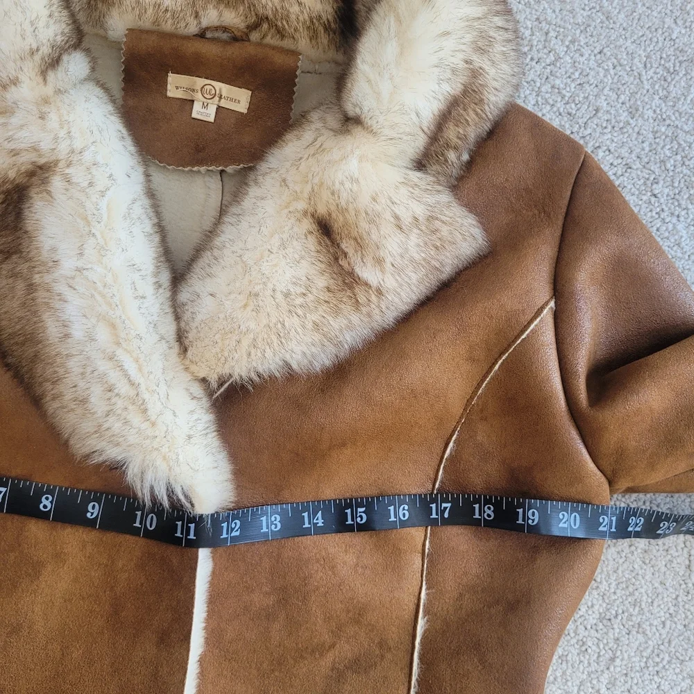 Stunning WILSONS Brown Long Faux Suede Fur Trim Sherpa Shearling Coat Y2K Sz M - Picture 9 of 12